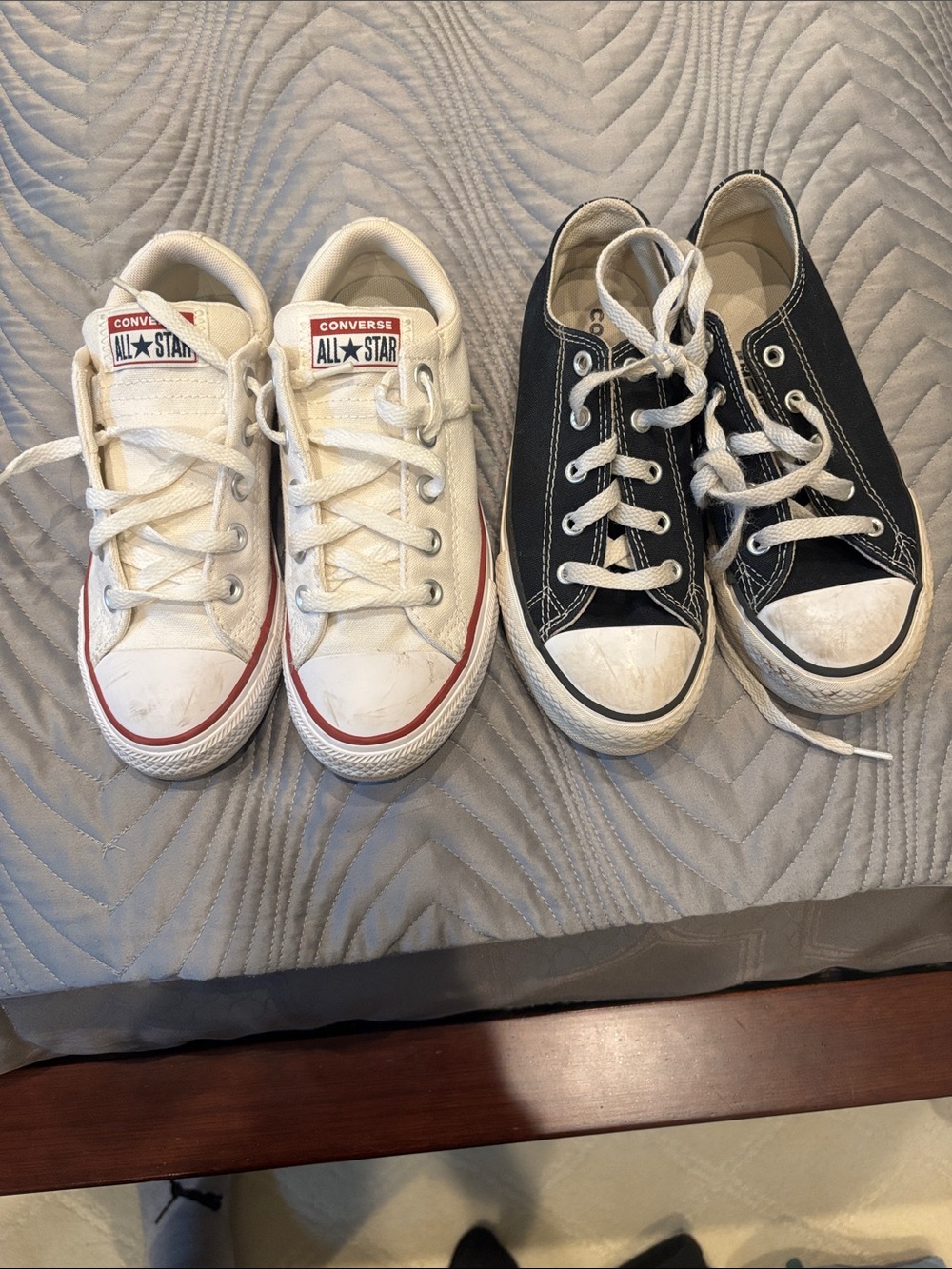 Two pairs of Converse Kids Low Top Sneakers in White size 2 & Black size 1